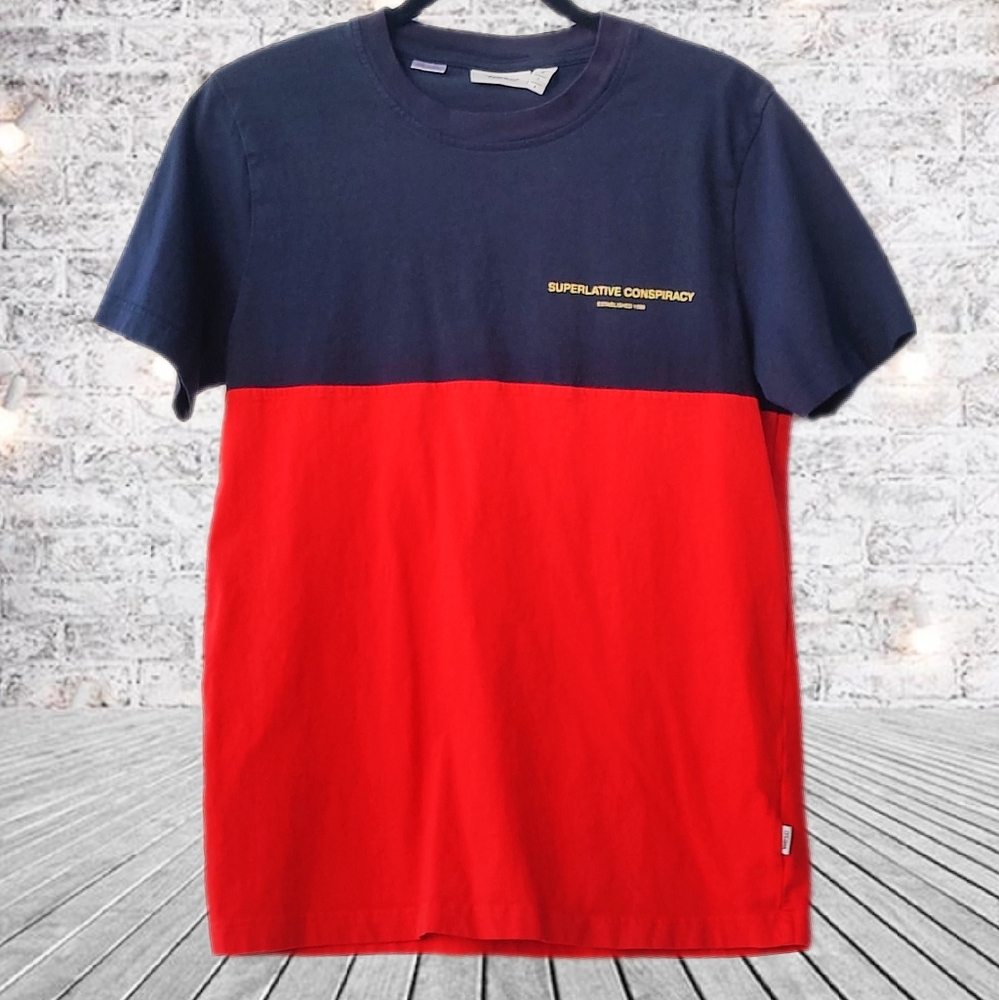 Wesc Men's Red and Navy Colorblock Short Sleeve Crew Neck  T-shirt